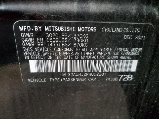 ML32AUHJ2NH002287 - 2022 MITSUBISHI MIRAGE ES BLACK photo 12