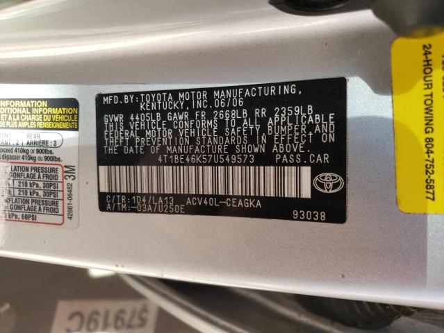 4T1BE46K57U549573 - 2007 TOYOTA CAMRY CE SILVER photo 13