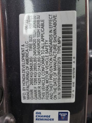 5FNYF6H28NB072079 - 2022 HONDA PILOT SE GRAY photo 13