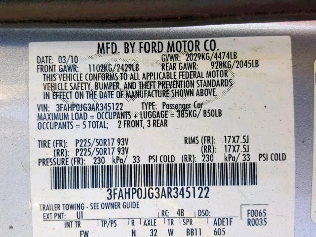 3FAHP0JG3AR345122 - 2010 FORD FUSION SEL  photo 10