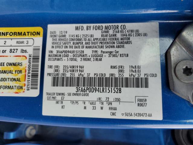 3FA6P0D94LR151528 - 2020 FORD FUSION TITANIUM BLUE photo 12