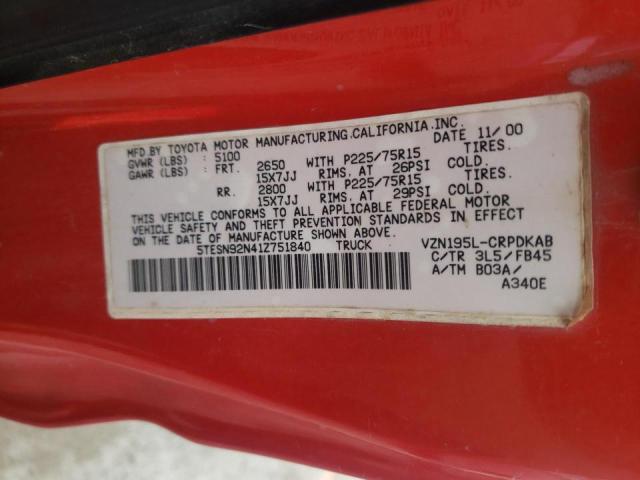 5TESN92N41Z751840 - 2001 TOYOTA TACOMA XTRACAB PRERUNNER წითელი ფოტო 10