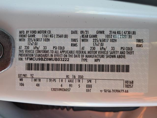 1FMCU9BZ0MUB03222 - 2021 FORD ESCAPE SE WHITE photo 13