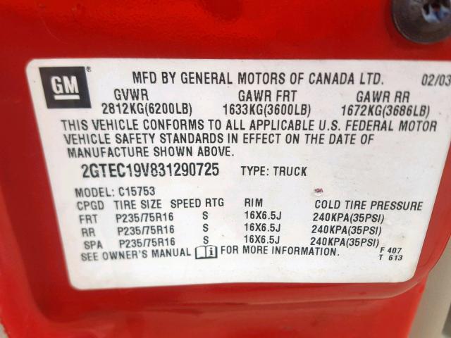 2GTEC19V831290725 - 2003 GMC NEW SIERRA C1500 RED photo 10