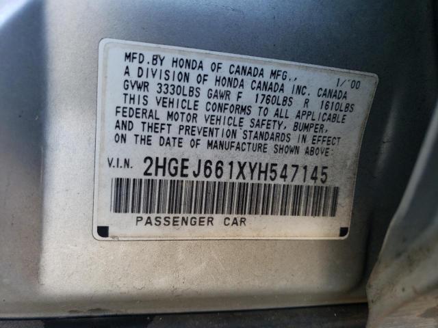 2HGEJ661XYH547145 - 2000 HONDA CIVIC BASE SILVER photo 12