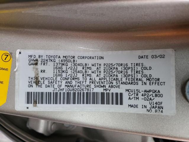 JTJHF10U820267817 - 2002 LEXUS RX 300 GOLD photo 12