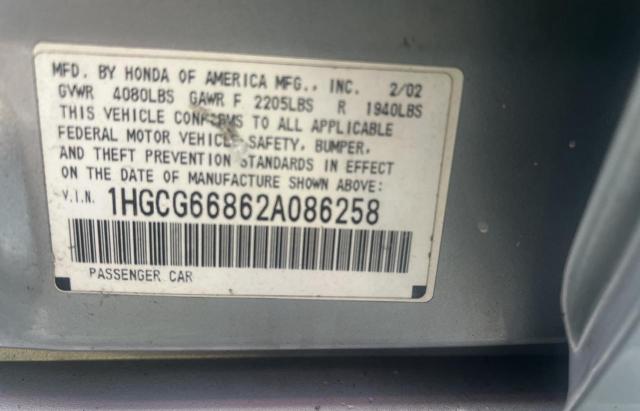 1HGCG66862A086258 - 2002 HONDA ACCORD EX SILVER photo 10