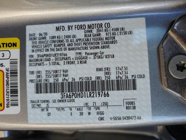 3FA6P0HD1LR219766 - 2020 FORD FUSION SE SILVER photo 12