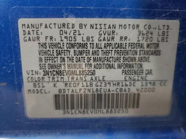 3N1CN8EV0ML885250 - 2021 NISSAN VERSA SV BLUE photo 12