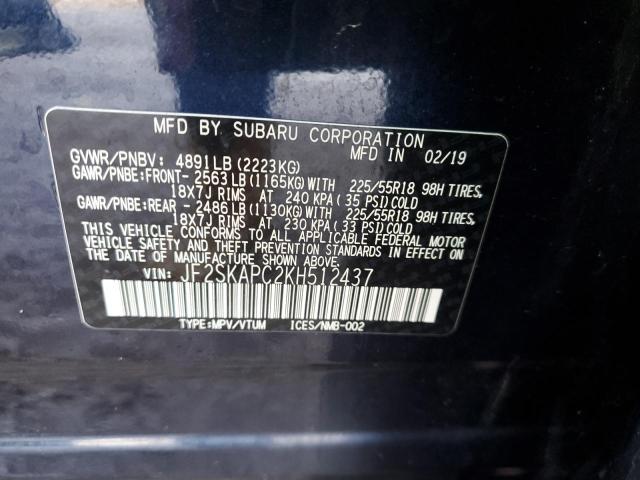 JF2SKAPC2KH512437 - 2019 SUBARU FORESTER SPORT BLUE photo 12