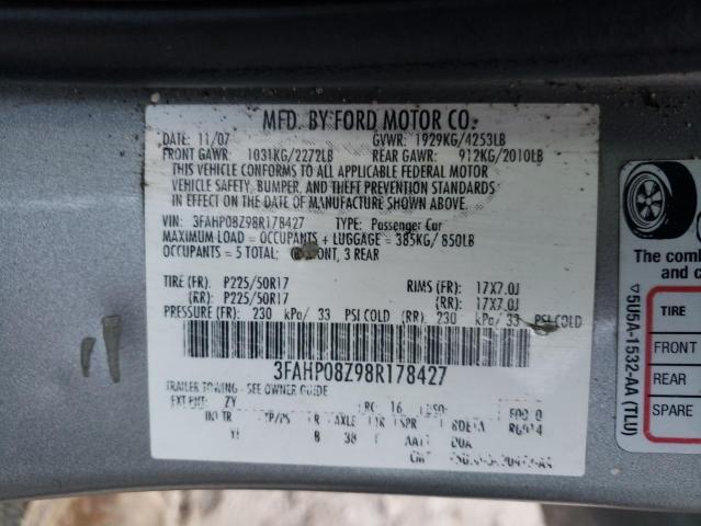 3FAHP08Z98R178427 - 2008 FORD FUSION SEL SILVER photo 12