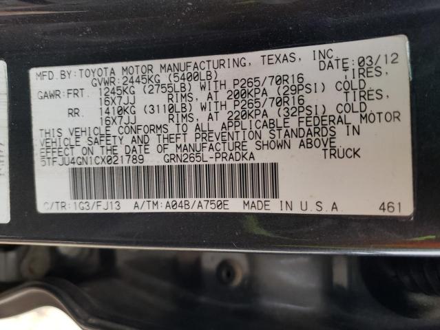 5TFJU4GN1CX021789 - 2012 TOYOTA TACOMA DOUBLE CAB PRERUNNER GRAY photo 12