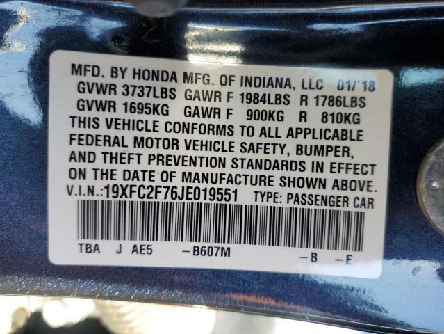 19XFC2F76JE019551 - 2018 HONDA CIVIC EX BLUE photo 12