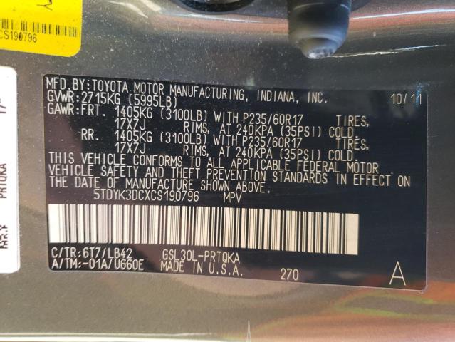 5TDYK3DCXCS190796 - 2012 TOYOTA SIENNA XLE GRAY photo 13