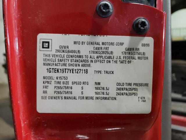 1GTEK19T7YE127118 - 2000 GMC NEW SIERRA K1500 RED photo 12