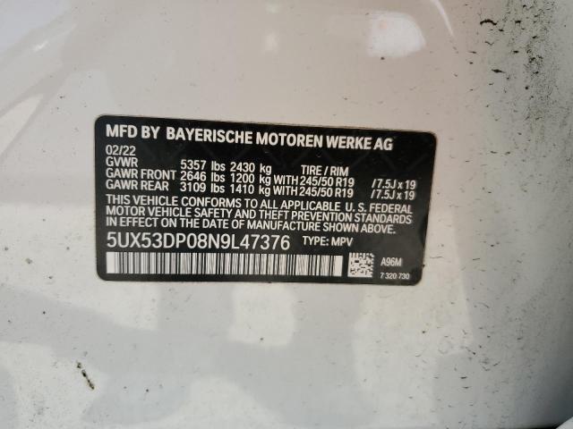 5UX53DP08N9L47376 - 2022 BMW X3 XDRIVE30I WHITE photo 14