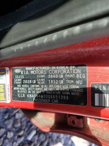 KNADN4A30G6651393 - 2016 KIA RIO EX RED photo 12