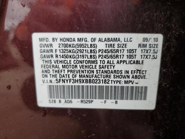 5FNYF3H9XBB023182 - 2011 HONDA PILOT TOURING MAROON photo 13