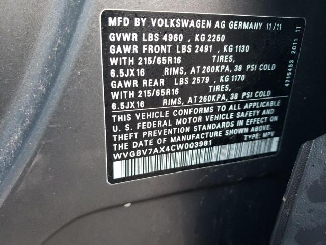 WVGBV7AX4CW003981 - 2012 VOLKSWAGEN TIGUAN S GRAY photo 13