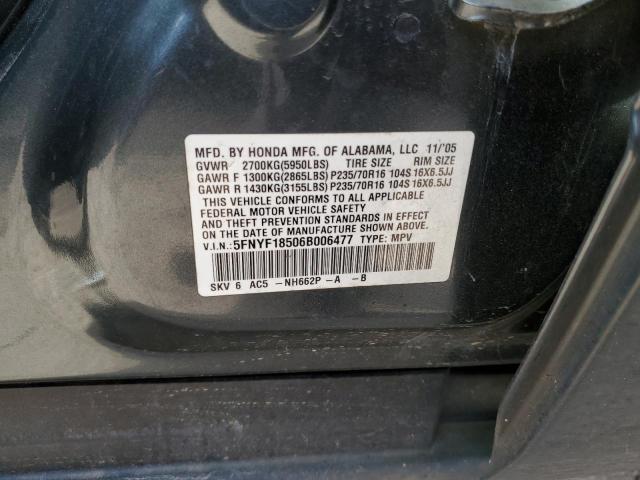 5FNYF18506B006477 - 2006 HONDA PILOT EX GRAY photo 12