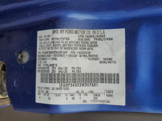 1FAHP34352W357801 - 2002 FORD FOCUS SE BLUE photo 12