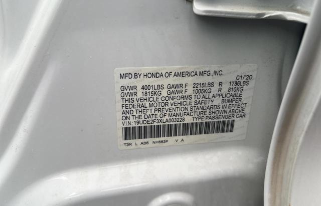 19UDE2F3XLA003228 - 2020 ACURA ILX WHITE photo 10