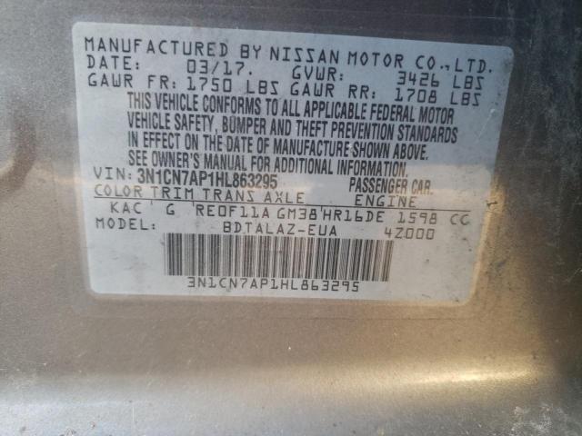 3N1CN7AP1HL863295 - 2017 NISSAN VERSA S GRAY photo 12