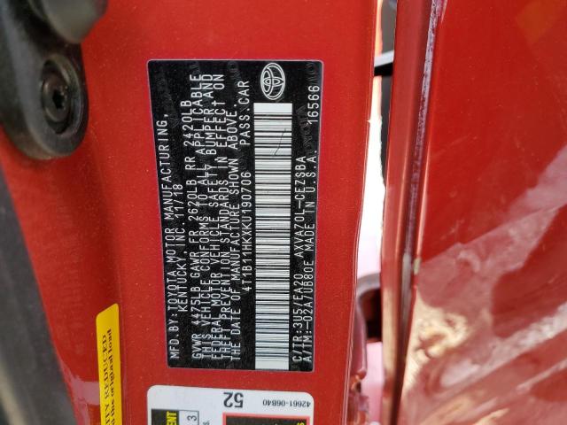 4T1B11HKXKU190706 - 2019 TOYOTA CAMRY L RED photo 12