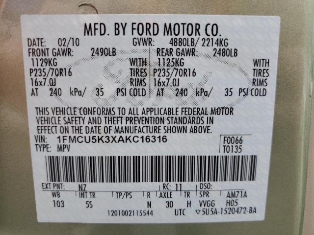 1FMCU5K3XAKC16316 - 2010 FORD ESCAPE HYBRID GREEN photo 13