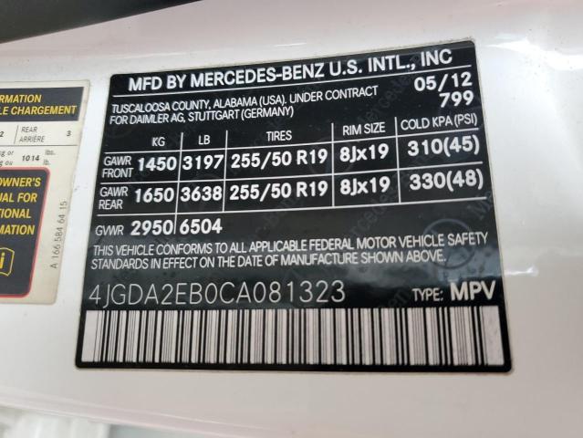 4JGDA2EB0CA081323 - 2012 MERCEDES-BENZ ML 350 BLUETEC WHITE photo 12