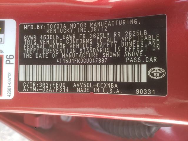 4T1BD1FK0CU047887 - 2012 TOYOTA CAMRY HYBRID RED photo 12