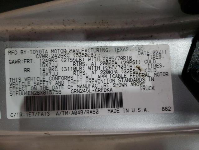 5TFUU4EN2BX015756 - 2011 TOYOTA TACOMA ACCESS CAB ვერცხლისფერი ფოტო 12