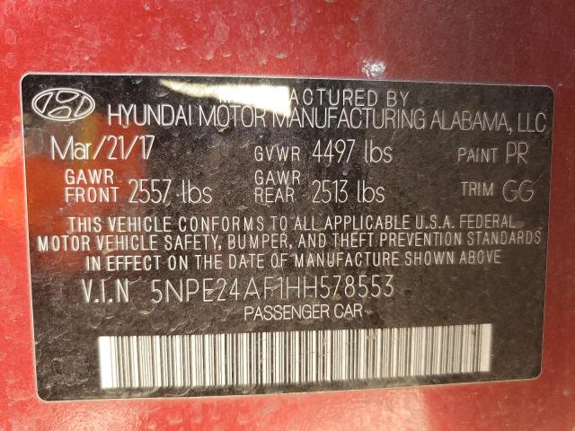 5NPE24AF1HH578553 - 2017 HYUNDAI SONATA SE RED photo 13