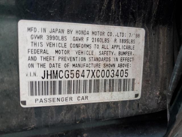 JHMCG5647XC003405 - 1999 HONDA ACCORD LX GREEN photo 12