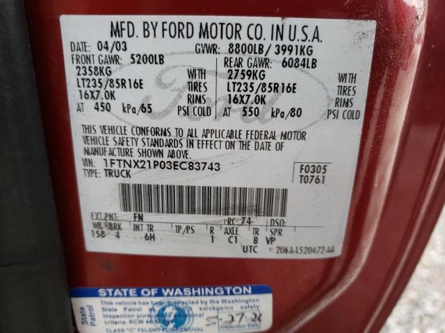 1FTNX21P03EC83743 - 2003 FORD F250 SUPER DUTY RED photo 12