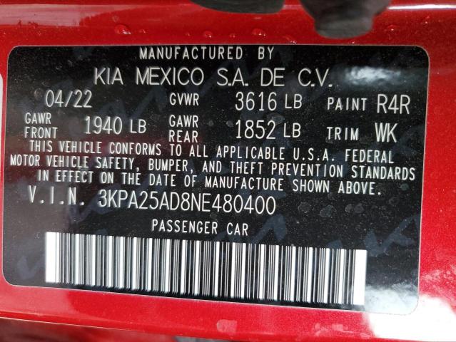 3KPA25AD8NE480400 - 2022 KIA RIO S RED photo 13