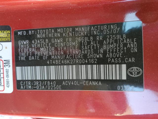 4T4BE46K27R004162 - 2007 TOYOTA CAMRY CE RED photo 12