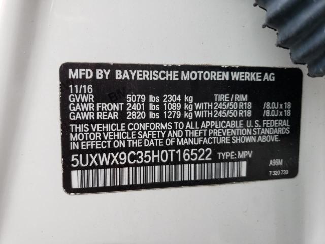 5UXWX9C35H0T16522 - 2017 BMW X3 XDRIVE28I WHITE photo 12