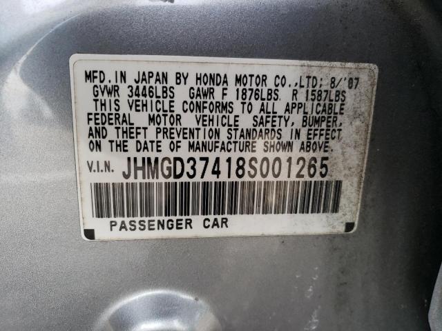 JHMGD37418S001265 - 2008 HONDA FIT SILVER photo 12