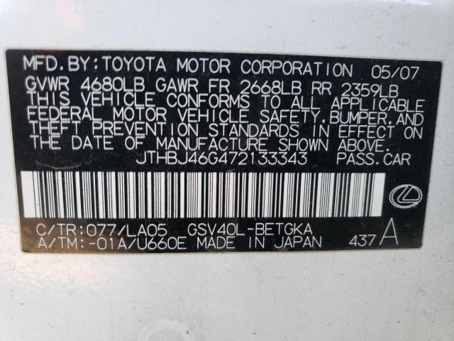 JTHBJ46G472133343 - 2007 LEXUS ES 350 WHITE photo 12