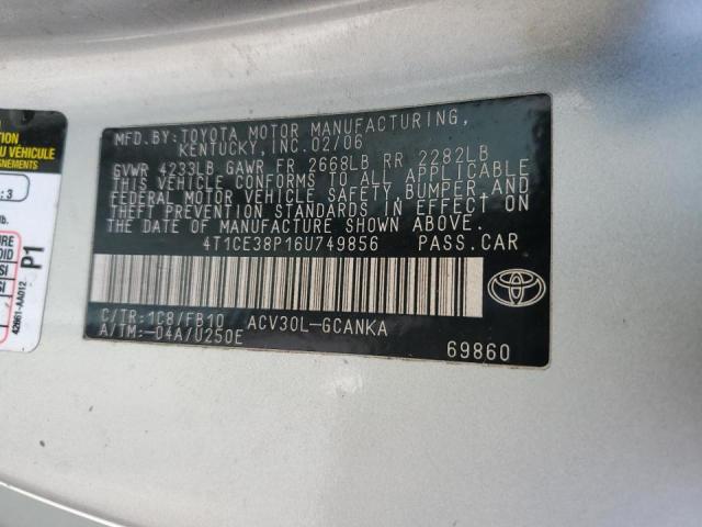 4T1CE38P16U749856 - 2006 TOYOTA CAMRY SOLA SE SILVER photo 12