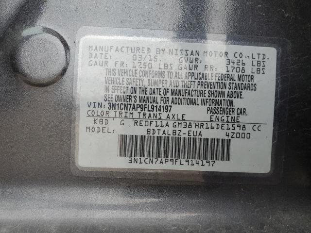 3N1CN7AP9FL914197 - 2015 NISSAN VERSA S CHARCOAL photo 12