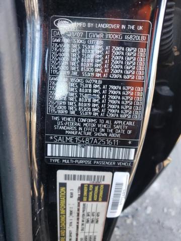 SALME15487A251611 - 2007 LAND ROVER RANGE ROVE HSE BLACK photo 12