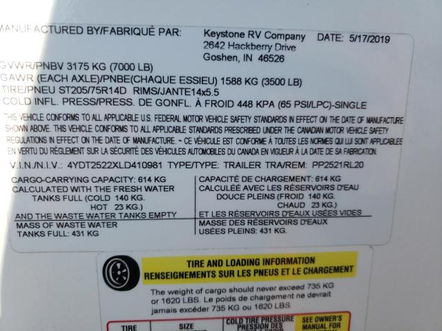 4YDT2522XLD410981 - 2020 KEYSTONE PASSPORT WHITE photo 10