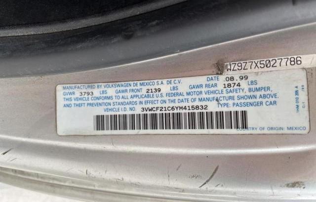 3VWCF21C6YM415832 - 2000 VOLKSWAGEN NEW BEETLE GLS TDI SILVER photo 10