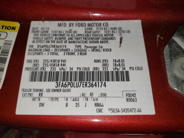 3FA6P0LU7ER364174 - 2014 FORD FUSION SE HYBRID RED photo 12