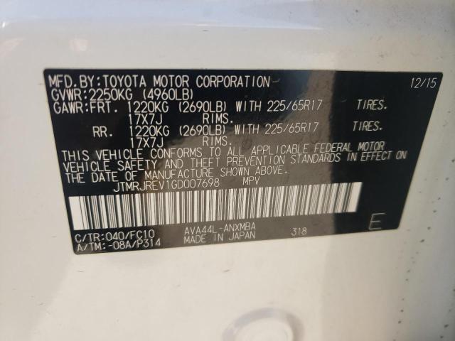 JTMRJREV1GD007698 - 2016 TOYOTA RAV4 HV XLE WHITE photo 13