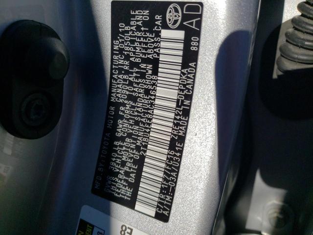 2T1BU4EE8AC346538 - 2010 TOYOTA COROLLA BASE SILVER photo 12