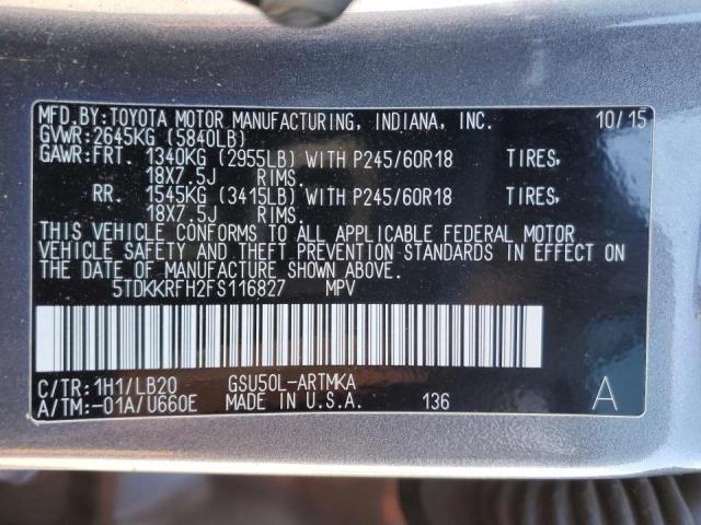 5TDKKRFH2FS116827 - 2015 TOYOTA HIGHLANDER XLE GRAY photo 13