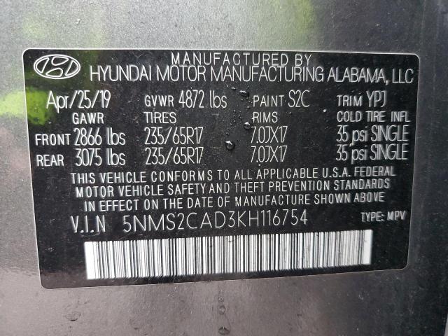 5NMS2CAD3KH116754 - 2019 HYUNDAI SANTA FE SE GRAY photo 12